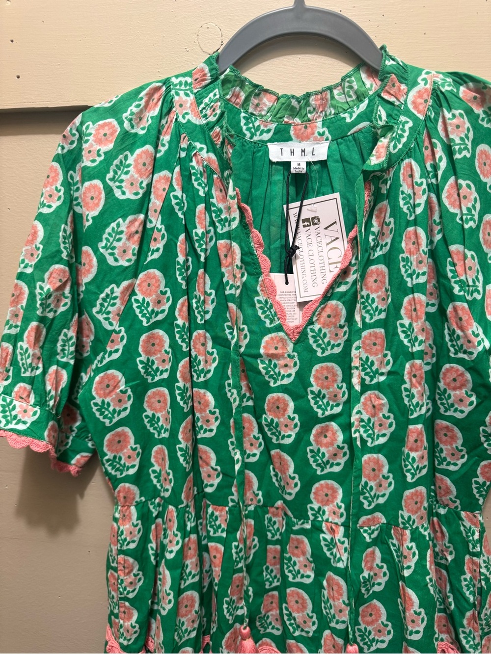 THML Green Floral Dress with Pink Trim and Tassels - Picture 2 of 4